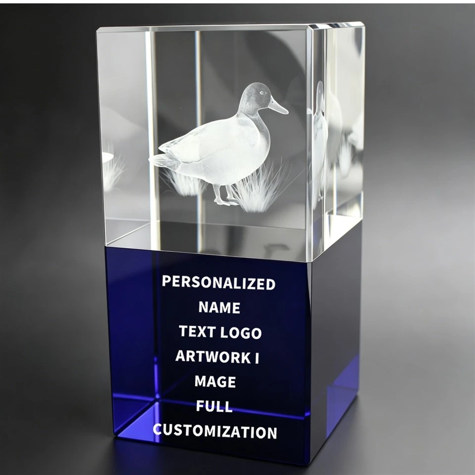 Duck 3D Engraved Blue Base Crystal Trophy suppliers