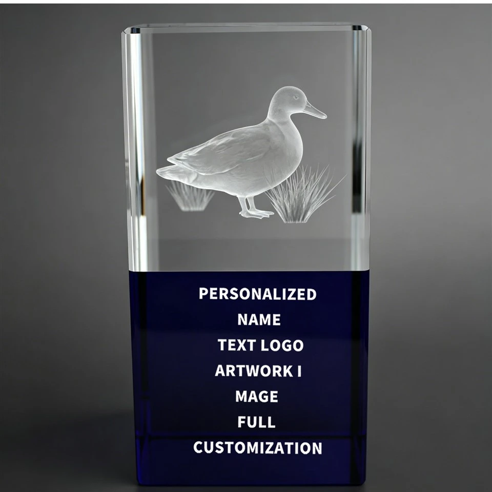 Duck 3D Engraved Blue Base Crystal Trophy factory